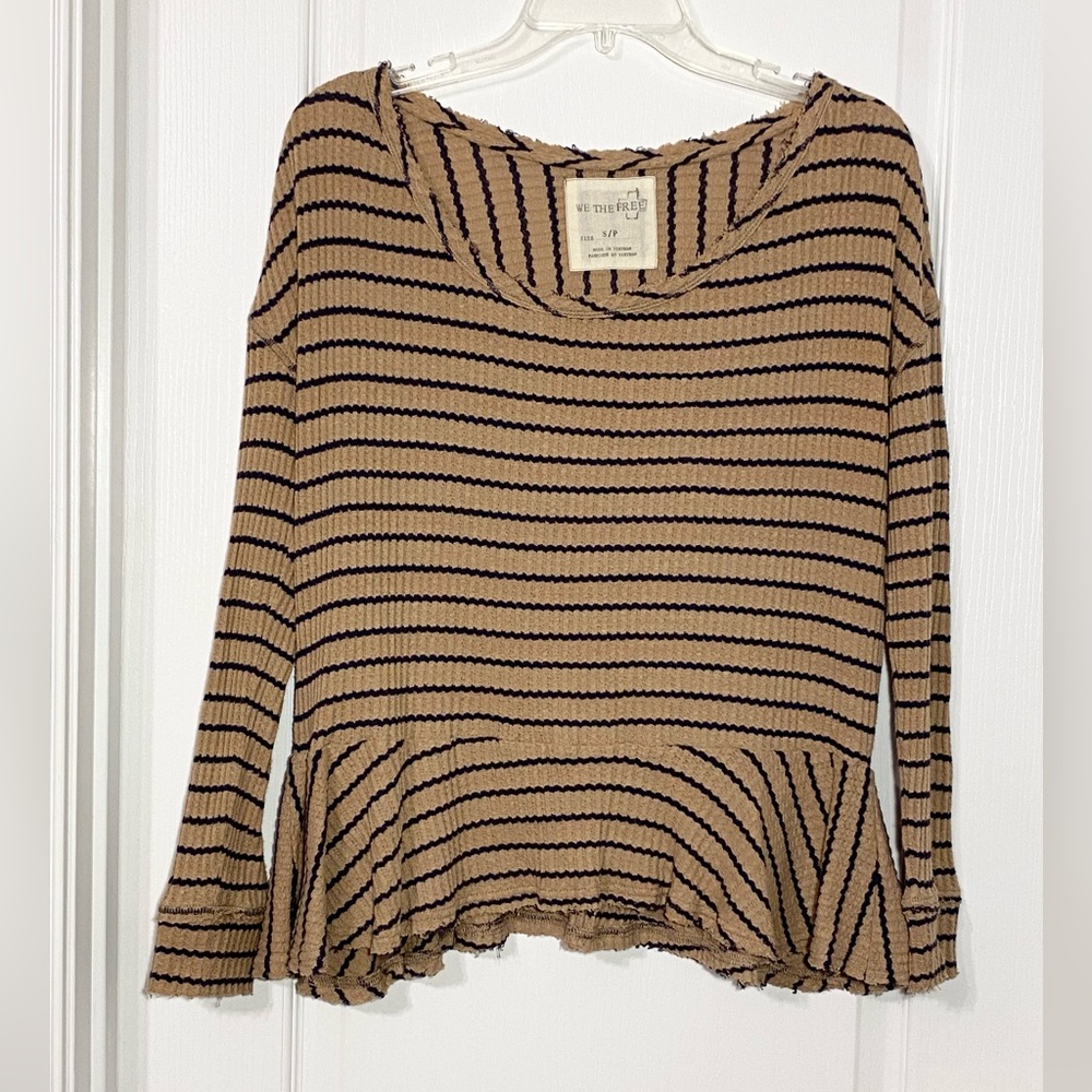 We The Free Striped Peplum Long Sleeve Knit Top Tan Navy Small